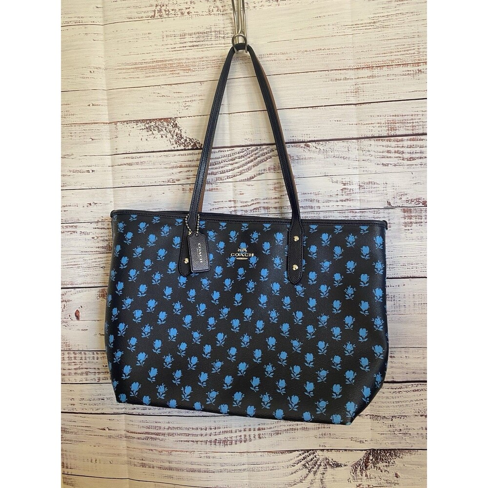 Coach City Tote Large Black & Blue Floral  Bag Charm Double Handles EUC